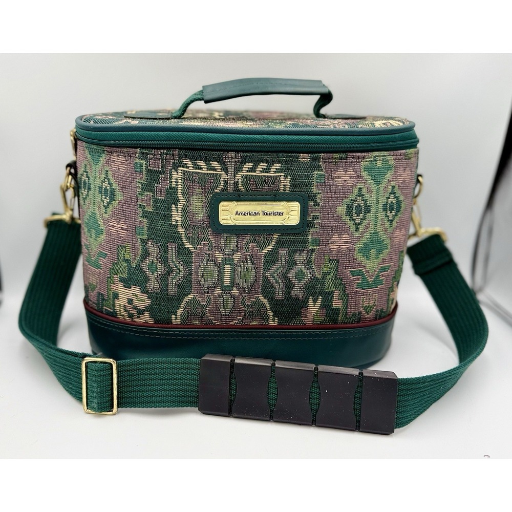 Vintage American Tourister Glenwood Collection Green Tapestry Train Case Oval